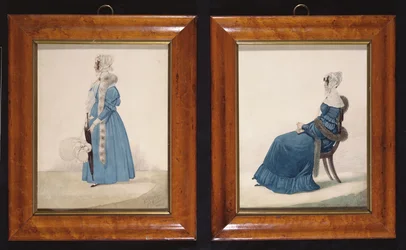 Zwei Porträts einer sitzenden und einer stehenden Dame in blauen Kleidern, ca. 1830